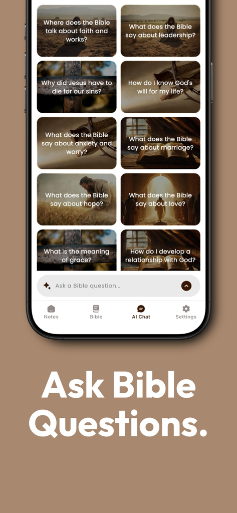 리더십, 결혼 및 은혜에 대한 성경 질문을 위한 다양한 AI 채팅 프롬프트를 보여주는 Edena 앱의 모바일 인터페이스