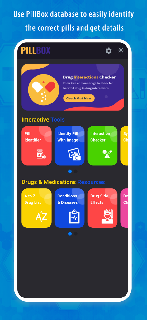 PillBox - Pill Identifier App - Interface of the PillBox app showing pill identification and drug interaction checker tools