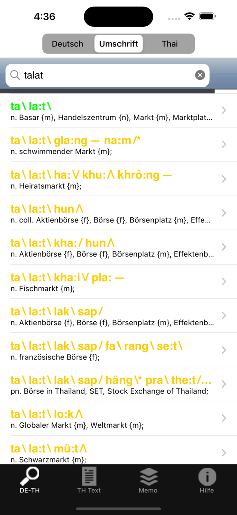 ClickThai Wörterbuch - Thai-German dictionary app showing search results in phonetic transcription and German meanings