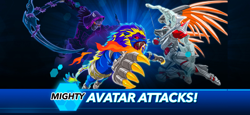 BEYBLADE BURST app - Grafik mit drei mächtigen BEYBLADE BURST Avataren, darunter ein blauer Löwe und ein Roboterkrieger in Kampfposen mit dem Text „Mighty Avatar Attacks“
