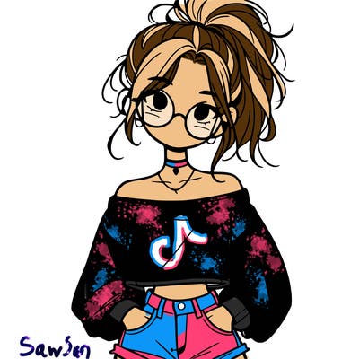 girl with a messy ponytail glasses a baggy crop top and jean shorts