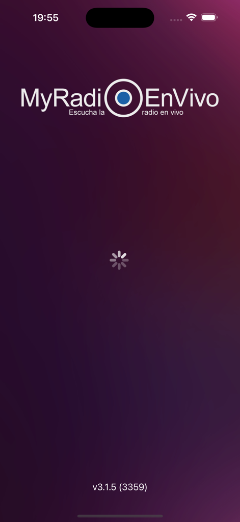 Tela de introdução do aplicativo de rádio MyRadioEnVivo Argentina com um indicador de carregamento em um fundo roxo