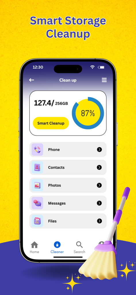Smart storage cleanup interface showing device storage usage and categories like photos and files