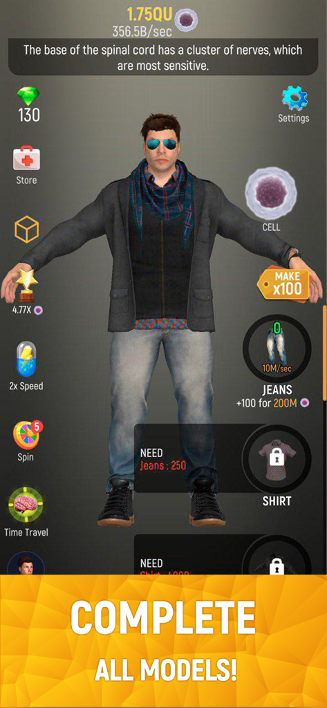 A fully completed and dressed male character model in the Idle Human mobile game interface.