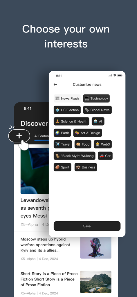 Lexi AI- Smart News Assistant - Mobile screen of Lexi AI app showing a menu to customize news interests with categories like Technology, AI, and Global News.