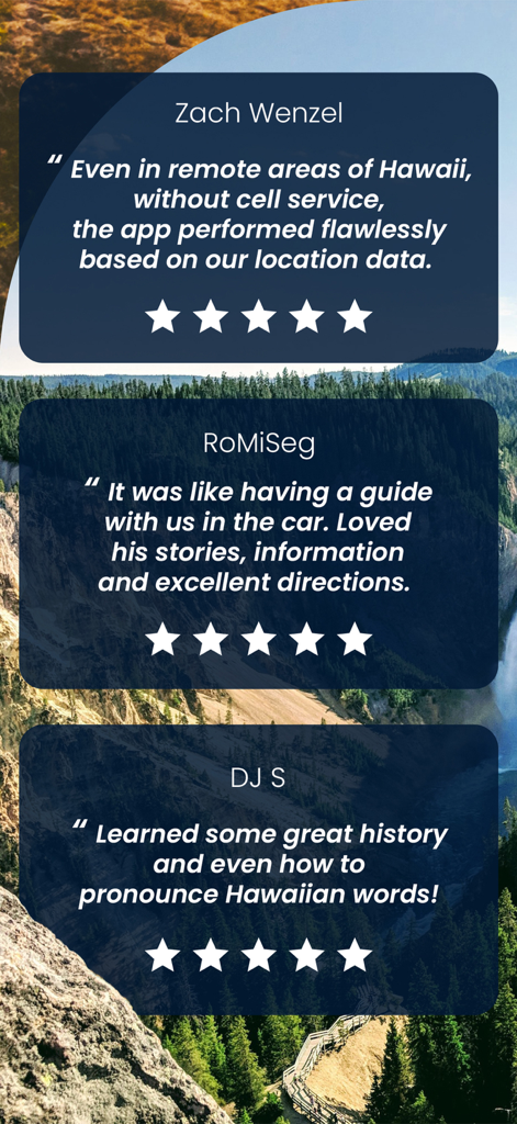GuideAlong | GPS Audio Tours - Three five star user reviews for GuideAlong app highlighting offline functionality and educational stories