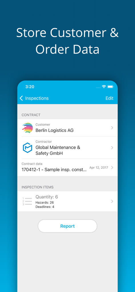 Heavy Equipment Inspection - Heavy equipment inspection app screen showing customer contract details and inspection item summary