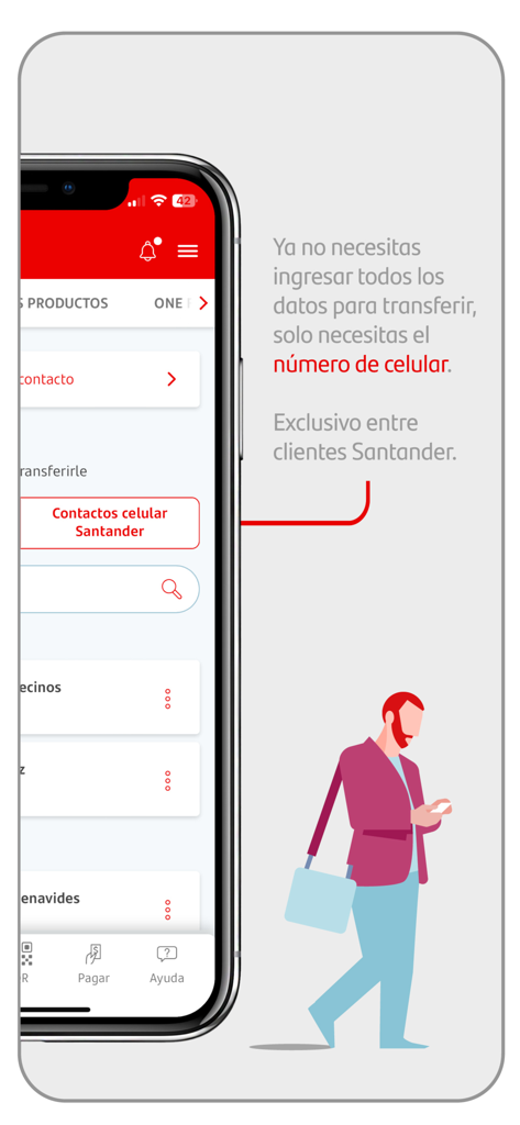 Santander Chile - Smartphone mostrando la función de la aplicación Santander Chile para transferir dinero usando el número de teléfono móvil