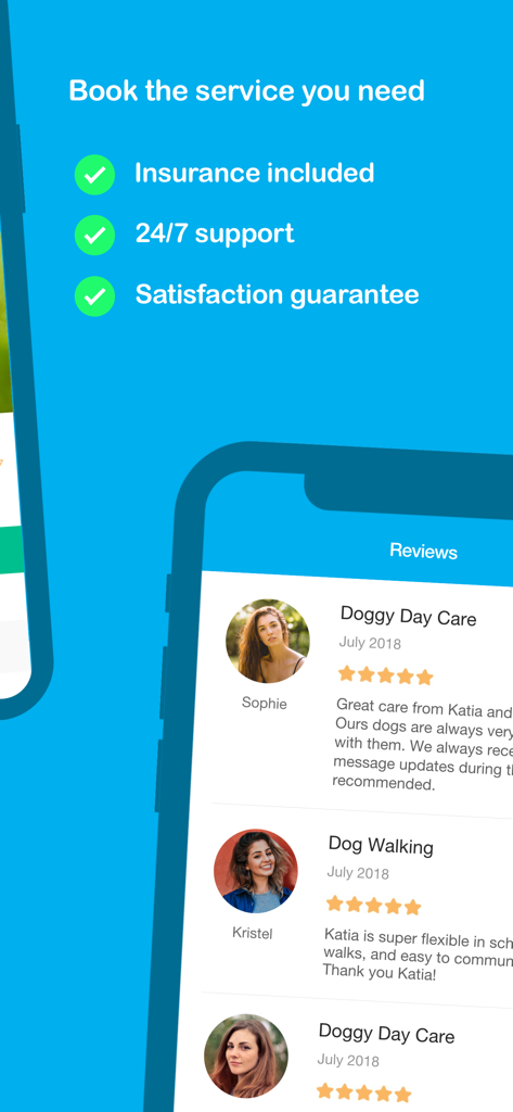 Pawshake - Dog & Pet Sitter - Pawshake app screen showing five star reviews for dog walking and daycare services along with insurance and support highlights