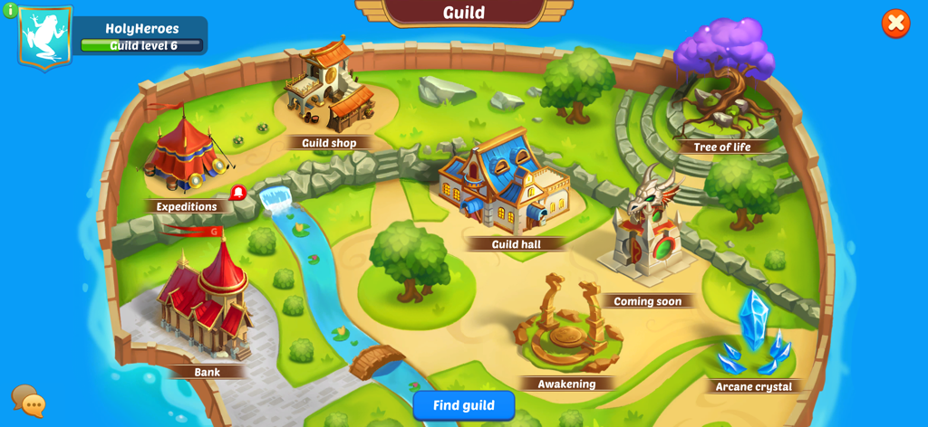 Firestone: An Idle Clicker RPG - A vibrant fantasy guild village map in Firestone An Idle Clicker RPG with icons for shop hall and expeditions