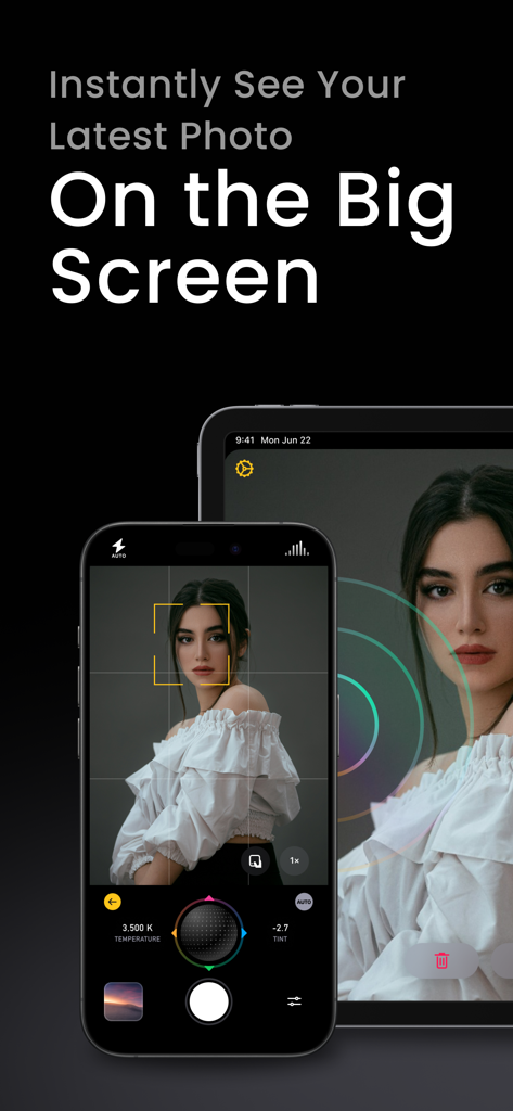 Photon Studio - La aplicación Photon Studio mostrando una foto tomada en un iPhone que se muestra instantáneamente en la pantalla de un iPad para revisión profesional