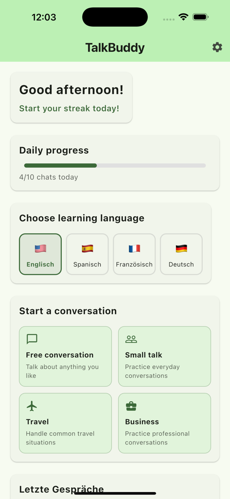 TalkBuddy app dashboard displaying language choices and conversation categories like travel and business