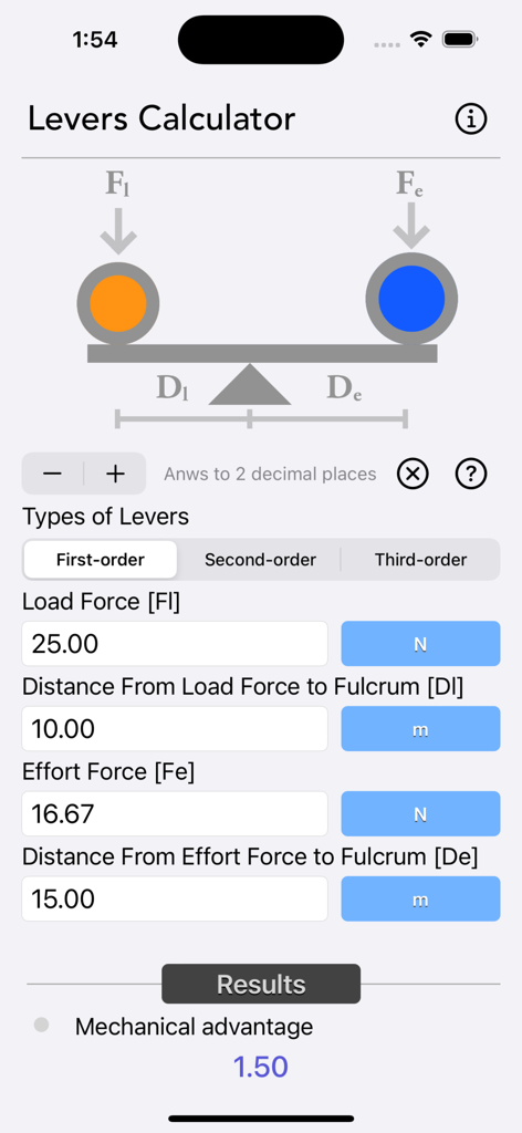 Levers Calculator - Levers Calculator app interface showing a first order lever calculation with mechanical advantage results