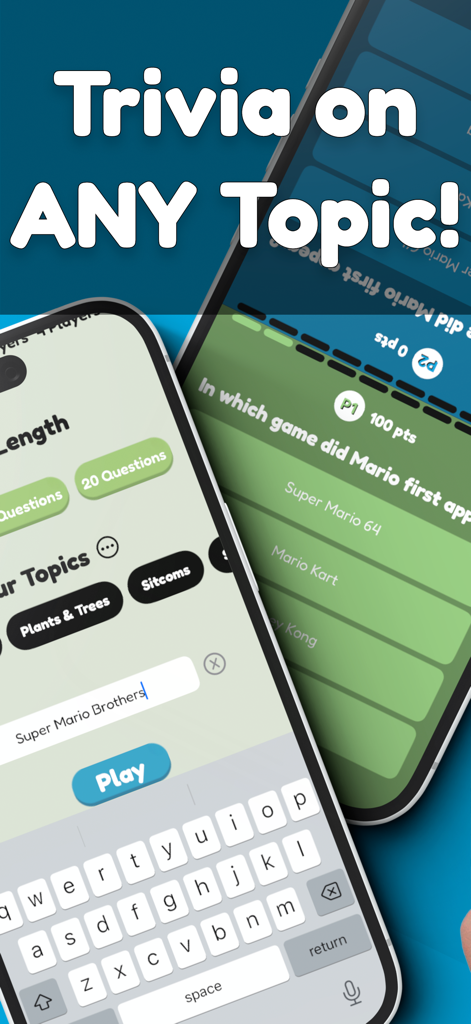 Trivia Games AI - Party Games - Screenshots of Trivia Games AI app showing custom topic entry for Super Mario and a multiplayer quiz screen.