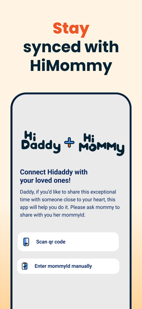 Screen showing options to sync HiDaddy and HiMommy apps using a QR code or ID