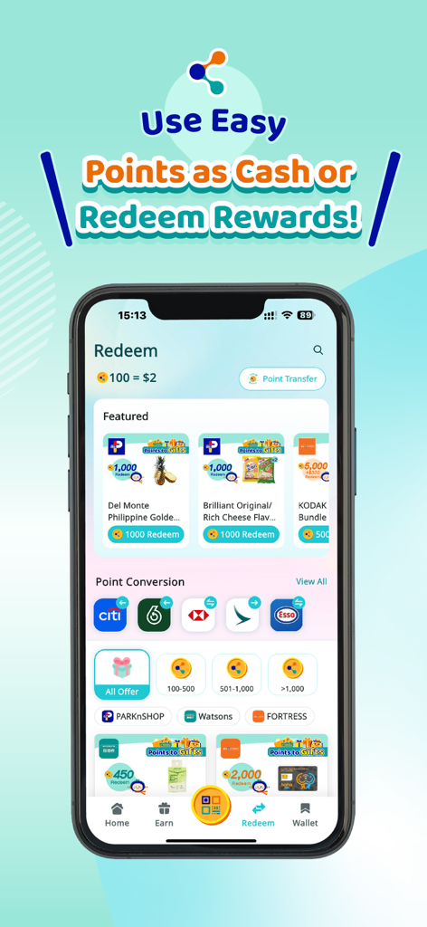 MoneyBack app interface showing options to redeem points for featured products or convert them to partner rewards like Asia Miles and Esso Smiles