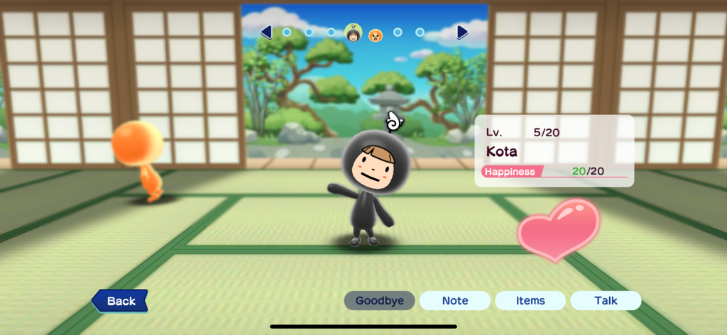THE NEW DENPA MEN - A character named Kota in The New Denpa Men showing happiness level and interaction menu in a traditional room.