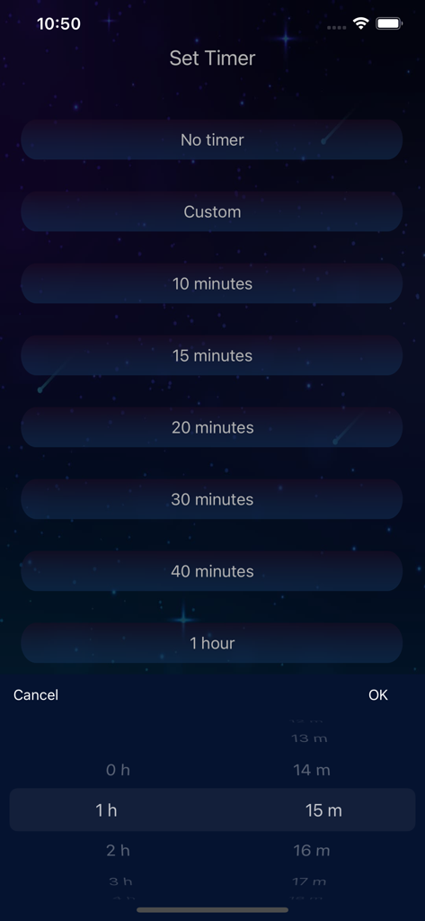 Interface for setting a sleep timer with preset duration buttons and a custom time selector