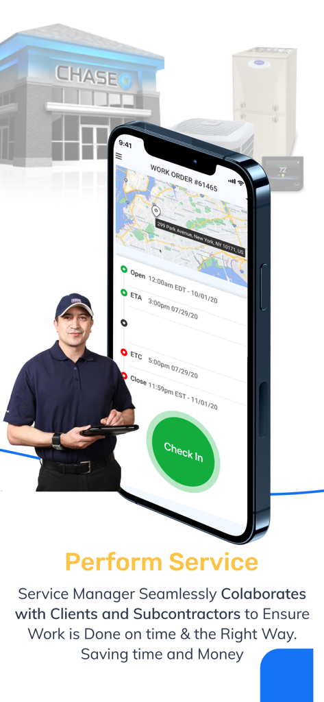 UtilizeCore - UtilizeCore mobile app interface showing a work order map and check in feature for service technicians