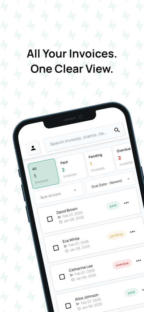 Invoice Generator App - Ecrã móvel que mostra o painel do App Gerador de Faturas com uma visão clara das faturas pagas e pendentes