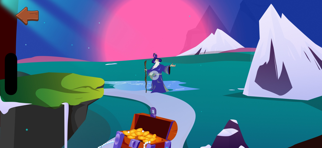 iTrace for Schools - Uma cena interativa colorida com um mago e um baú de tesouro usada como recompensa no aplicativo iTrace para Escolas