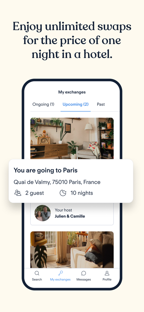 HomeExchange - House Swapping - HomeExchange mobile app interface showing a planned ten night house swap in Paris for two guests