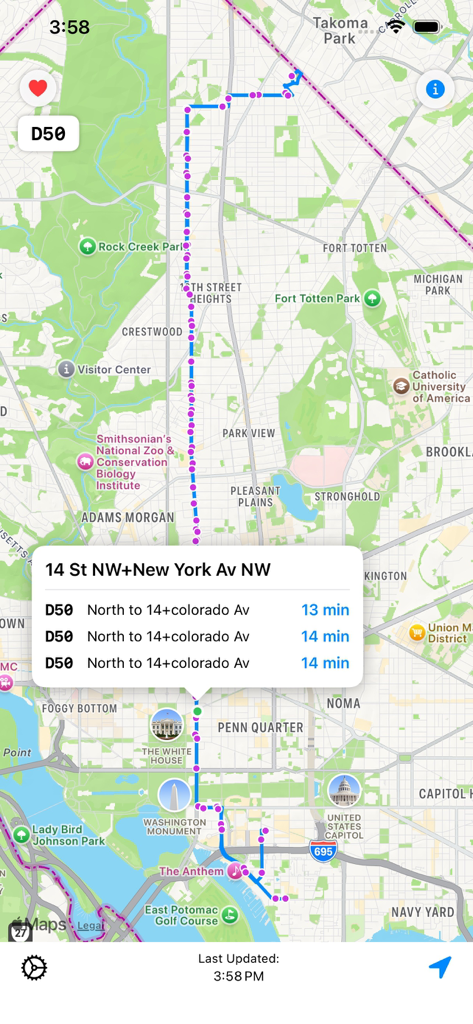 DC Next Bus - Map of Washington DC showing bus route D50 arrival times