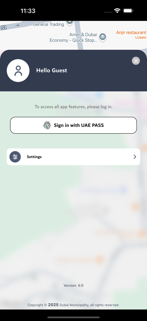 Makani app login screen showing a button to sign in with UAE PASS