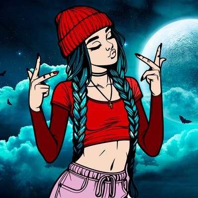 realistic teenage girl with braids and a beanie and crop top doing 🫶🏼