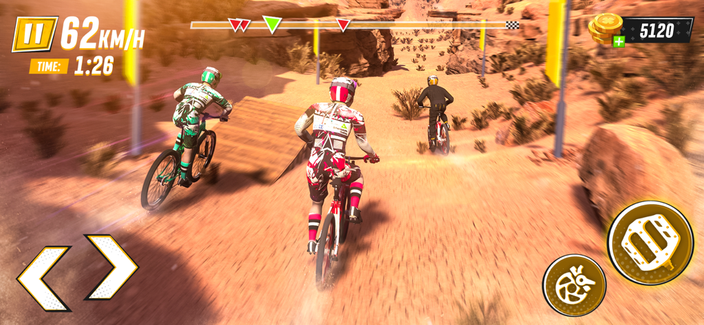 Three BMX riders competing on a dirt track in a 3D desert environment.