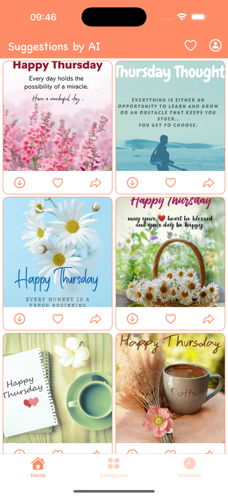 Good Morning & Good Night Love - Mobile app screen showing various Happy Thursday greeting cards with floral and inspirational themes suggested by AI.