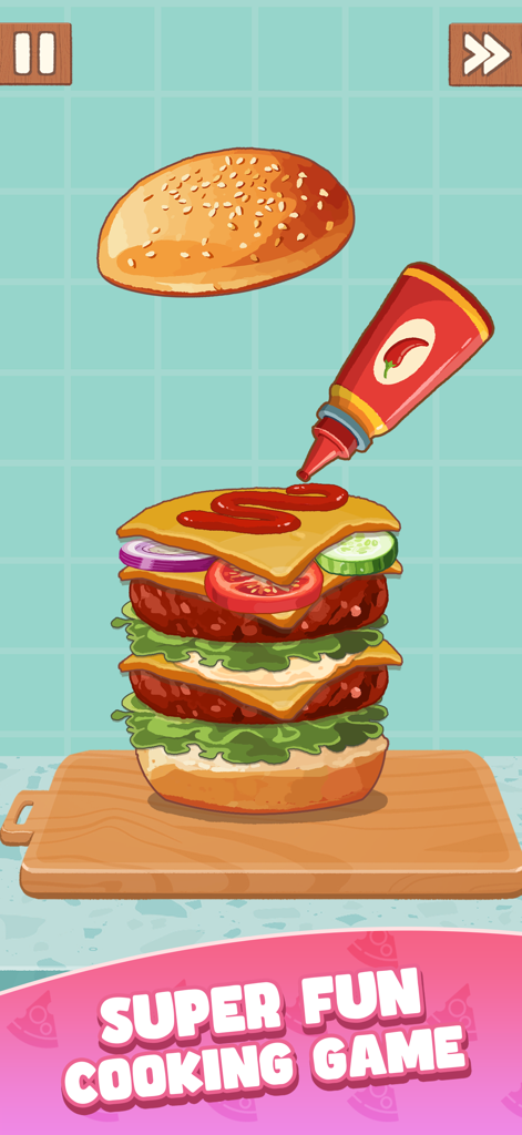 A multi-layered hamburger being assembled with ketchup on a wooden cutting board in the Cookingdom mobile game.
