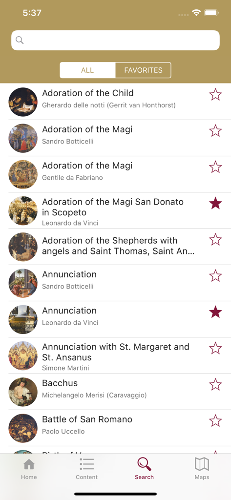 Uffizi Gallery - List of famous artworks in the Uffizi Gallery app including paintings by Botticelli and Da Vinci