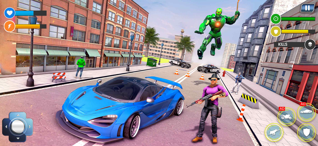 Captura de pantalla del juego mostrando un coche deportivo azul y un robot volador verde en una calle urbana