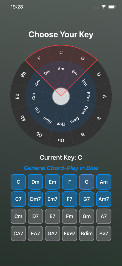Chord-Play app interface showing the Circle of Fifths wheel and a grid of chord buttons for music theory and transposition