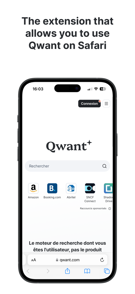 Qwant for Safari - Interfaccia dell'estensione del motore di ricerca Qwant su Safari mobile che mostra la schermata iniziale e la barra di ricerca.