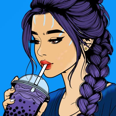 realistic girl drinking boba tea with braided hair