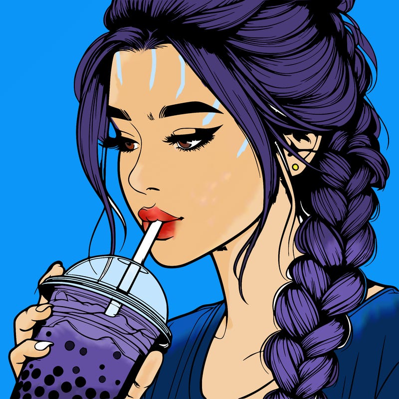 realistic girl drinking boba tea with braided hair