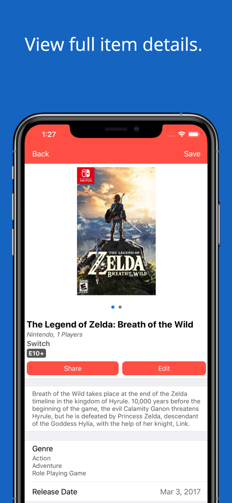 Full item details screen for a video game in the iCollect Everything app
