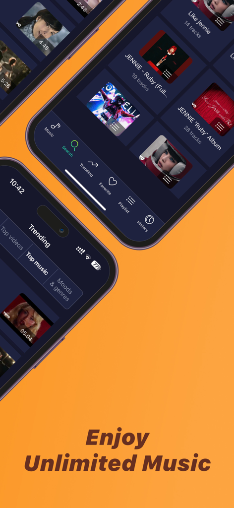 La aplicación Player GR muestra música de tendencia y una biblioteca de música personal organizada en dos iPhones