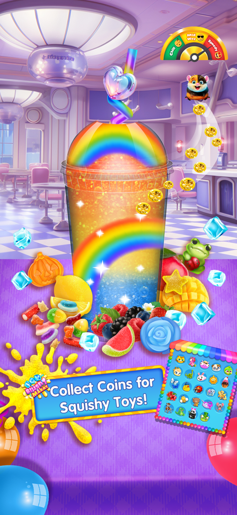 Colorful rainbow slushy drink with fruit decorations and coin collection display