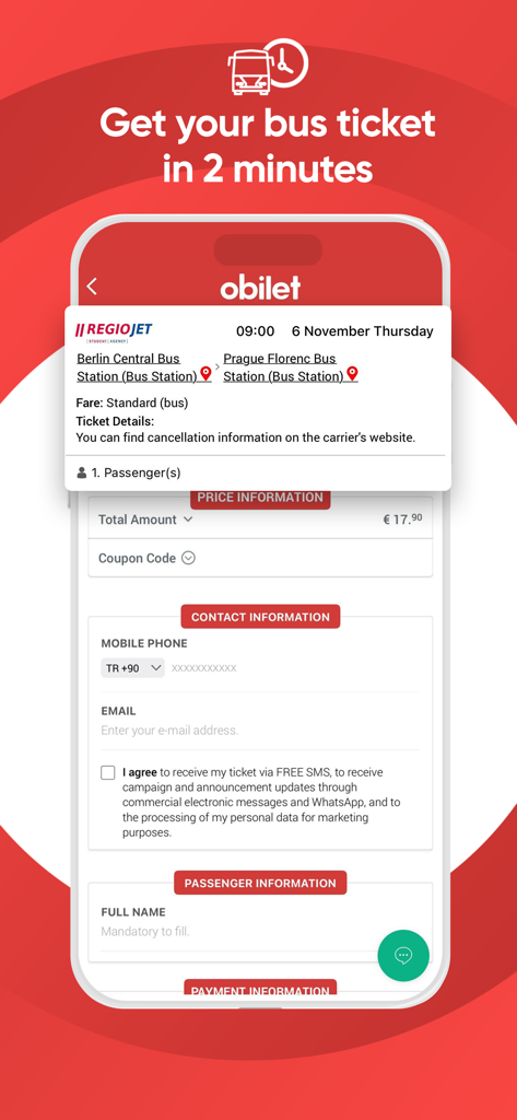 Interfaz de la aplicación Obilet mostrando el proceso de reserva de un billete de autobús de Berlín a Praga