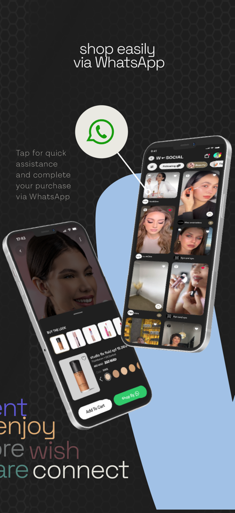 WASAL mobile app interface demonstrating social shopping feed and easy checkout via WhatsApp.