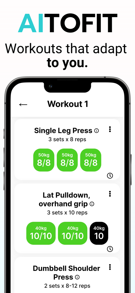 AITOFIT - Gym Workout Coach - AITOFIT app interface displaying an individualized gym workout plan with sets and reps tracking