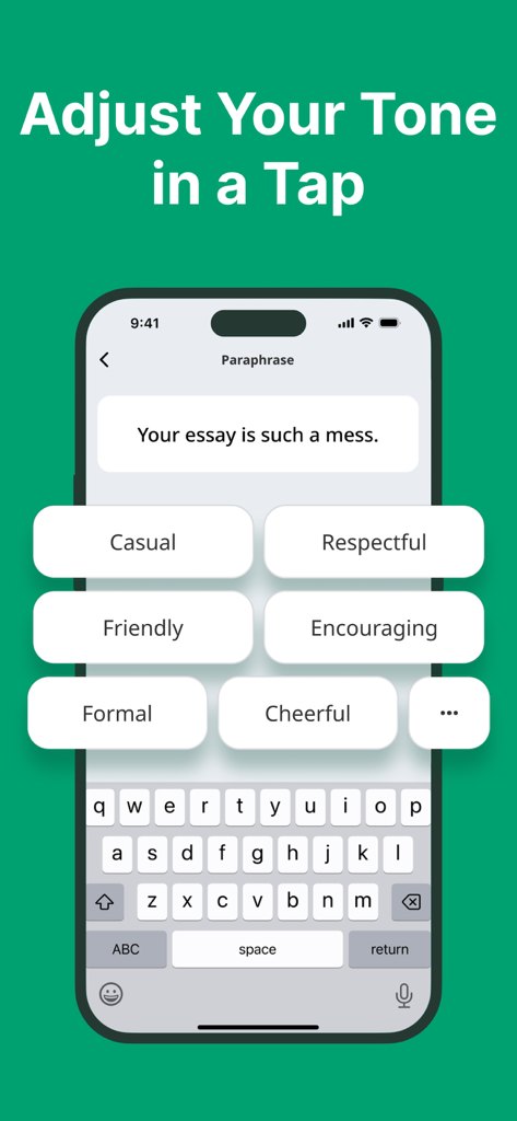 Mobile app interface showing tone options like casual and formal for paraphrasing text