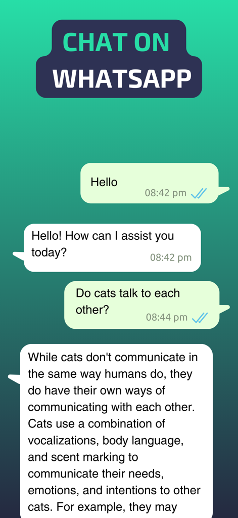 Um print da tela do aplicativo Evo AI mostrando uma interface de chat conversacional integrada ao WhatsApp discutindo como os gatos se comunicam.