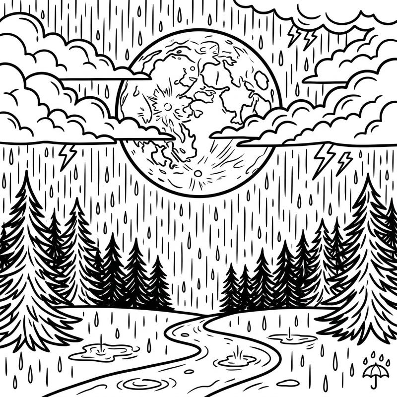 Dive into a dramatic coloring scene featuring a spectacular Blood Moon amidst a rainy night. This intricate design combines celestial wonder with the cozy atmosphere of a stormy evening, perfect for an immersive coloring experience.