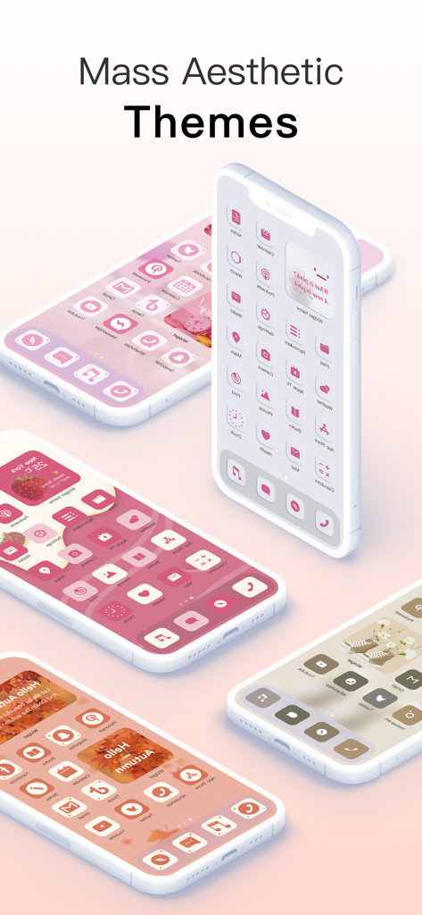 Themee - Widgets Icon Themes - Exibição de várias telas iniciais de iPhone com diferentes temas estéticos como rosa, vermelho e cores de outono