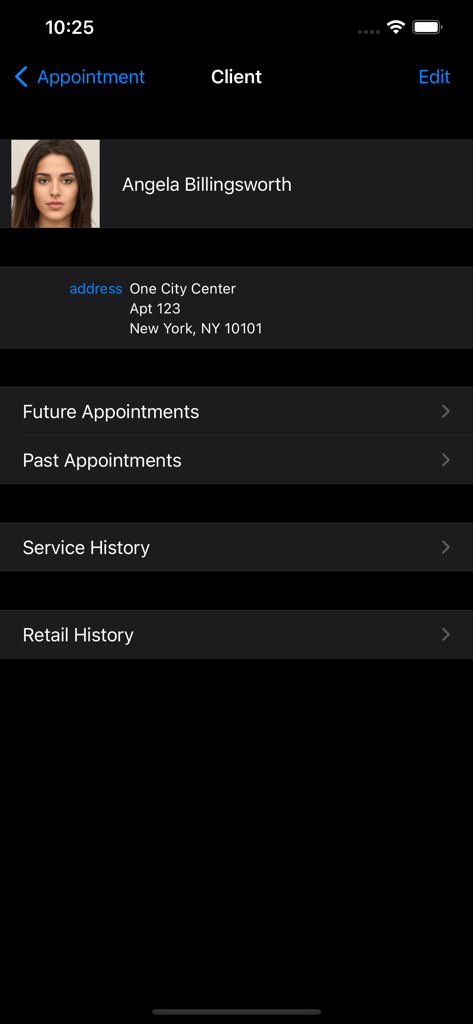STX salon management app client profile screen showing contact information and service history