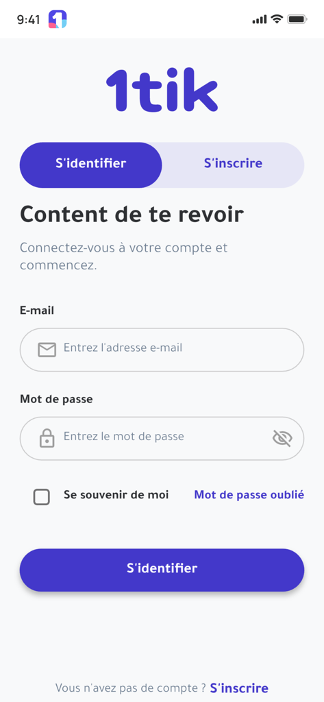1tik - Login screen for 1tik social network app with email and password fields